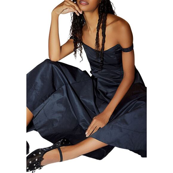 New Free People Alinda Midi Dress $228 SIZE 4 Shiny Black Off-The-Shoulder - Picture 1 of 9